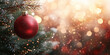 © syhin_stas - Christmas ball ornament hangs gracefully on a snow-dusted evergreen branch, creating a festive and cozy atmosphere with a warm, shimmering gold bokeh. Banner. Copy space