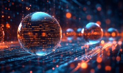 Big data visualization showcasing information analytics with abstract streams of information, ball arrays, and binary code. Filtering machine algorithms and data sorting in technology, Generative AI