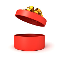 Aufkleber - Minimal red round present box open with gold ribbon and bow or opening blank cylinder red gift box isolated over white background with shadow creative idea concepts 3D rendering