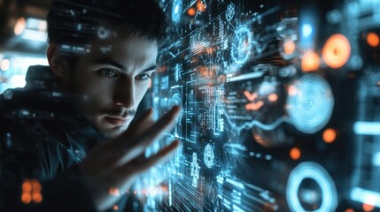 A focused individual interacts with a digital interface displaying data and graphics.