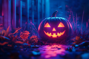 Wall Mural - Halloween pumpkin with glowing neon light at night.
