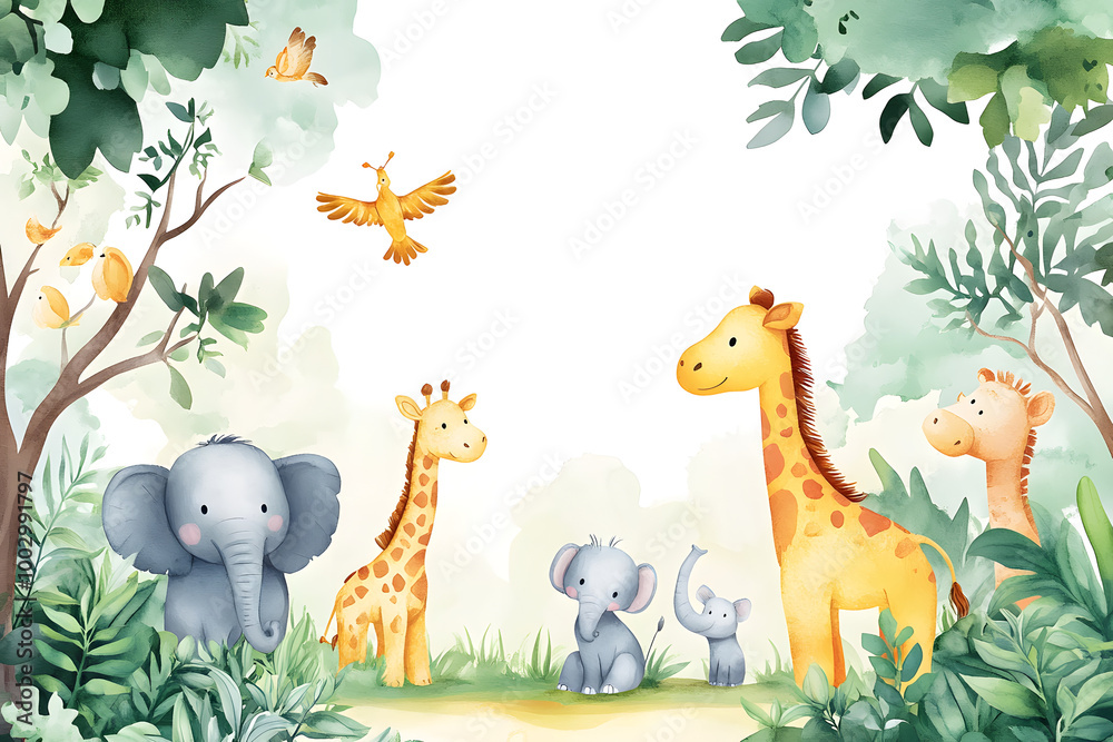 Cute cartoon safari zoo with animal frame border on background in ...