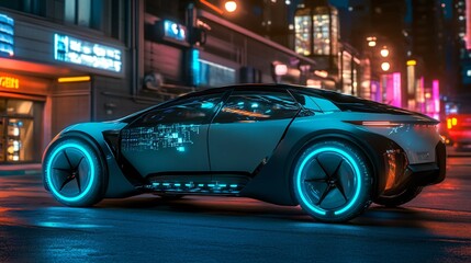 Wall Mural - Futuristic electric car with glowing blue wheels in city at night.