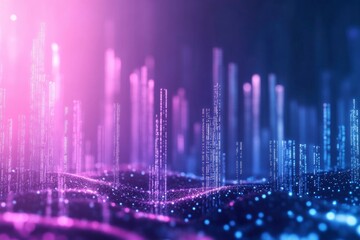 Digital technology background with glowing elements of code and data in bright blue and purple color