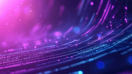 Digital technology background with glowing elements of code and data in bright blue and purple color