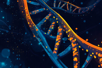 Poster - Abstract representation of DNA strands in vibrant colors against a dark background.