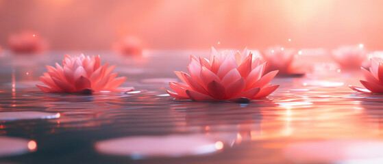 Floating lotus flowers in a pond, rhythmic movement of water, soft natural lighting