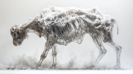 A skeletal animal sculpture covered in white fibers