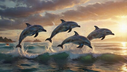 A playful pod of dolphins leaping gracefully through the sparkling ocean waves, embodying the joy and freedom of marine life in a vibrant underwater scene, Generative AI