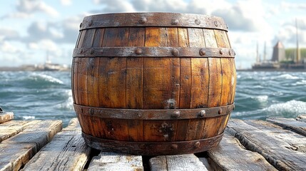 Weathered wooden barrel on a pier overlooking choppy water