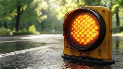 A lone traffic light shines amber on a wet road