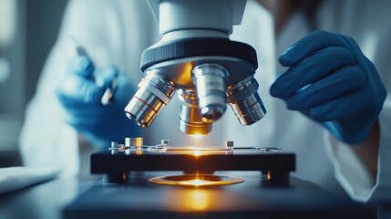 Poster - Close-up of a scientist hand adjusting microscope settings, with a clear view of the lab surroundings