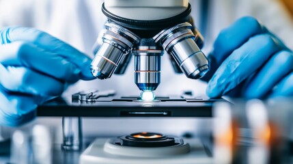 Poster - Close-up of a scientist hands preparing a microscope slide, with a clean and organized laboratory background