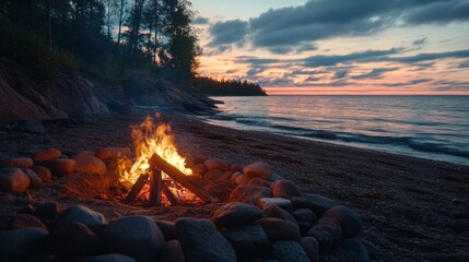 Poster - A fire is burning in a pile of rocks on a beach