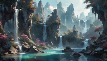 Wall Mural - An enchanting fantasy landscape with towering crystal formations and shimmering waterfalls, creating a magical realm filled with wonder and adventure, Generative AI