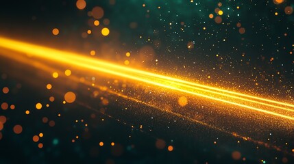 An isolated horizontal beam of yellow light shines against a dark backdrop. The neon stripe contains vibrant glowing lines and glittering particles, creating an abstract effect with rays of light. 