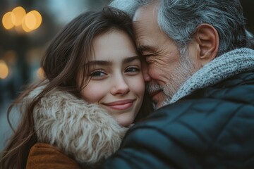 Teenage daughter hugging her father outside in town when spenidng time together, Generative AI