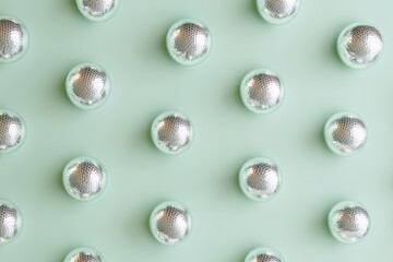 Shiny silver disco balls are neatly arranged in rows on a soft green background, showcasing a modern decorative design