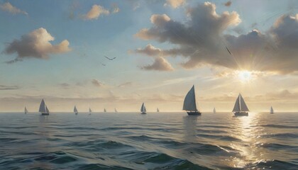 Wall Mural - An expansive seascape with distant sailboats gliding across the horizon, embodying the freedom and adventure that the ocean offers, Generative AI