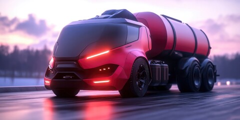 Futuristic red truck with a large fuel tank on asphalt road