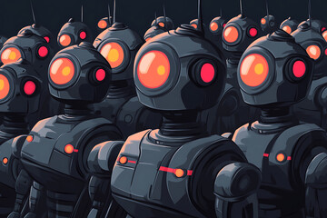 Poster - A group of futuristic robots with glowing eyes, standing in a dark environment.