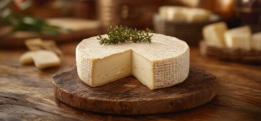 A round of soft, white cheese with a white rind, cut in half, with a sprig of thyme on top, resting on a wooden cutting board.