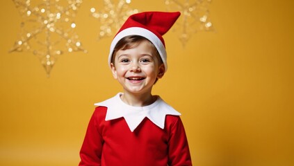 a smiling young christmas elf radiates holiday cheer on a festive gold backdrop