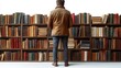 © LUPACO IMAGES - A man stands before a towering bookshelf filled with books