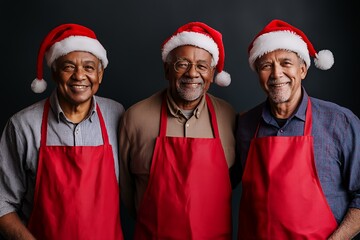 Three senior men in Santa hats and red aprons smiling at the camera.