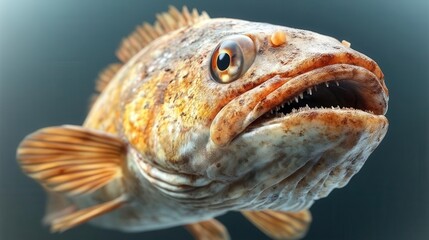 A close-up of a fish with sharp teeth and a mottled skin pattern