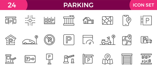 Parking line icon collection. Garage, paid parking, lift, automobile and car parking icon set. UI outline icons pack