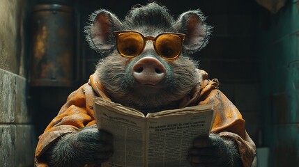 Wall Mural - A cartoonish pig wearing sunglasses reads a newspaper in a dimly lit room.