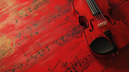 A red background with musical notes and a violin creates a vibrant, artistic representation of music and creativity.