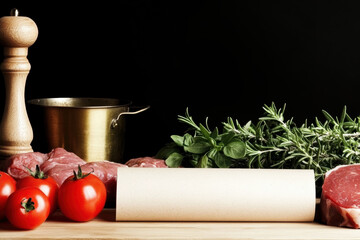 Fresh herbs, tomatoes, and meat on a wooden board with rustic kitchen utensils