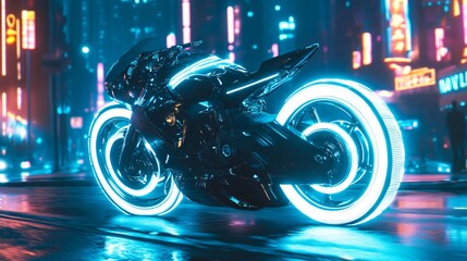 Wall Mural - Futuristic motorcycle with glowing blue wheels on a city street.