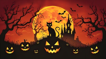 Halloween Night with Jack O Lanterns  Black Cat  and Haunted House