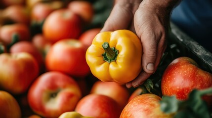 Sticker - A vibrant yellow bell pepper is grasped in a hand, set against a backdrop of red-colored peppers, symbolizing choice and the pleasing variety of fresh produce.