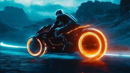 Wall Mural - Futuristic motorcycle with glowing orange wheels, riding on a road with blue light, against a mountainous background.