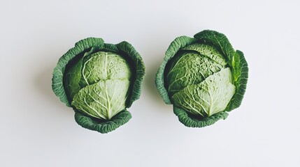 Two heads of cabbage sit on a white background, their fresh green leaves unfurled. The round shape of the cabbages is highlighted against the stark white, creating a simple yet striking image. 