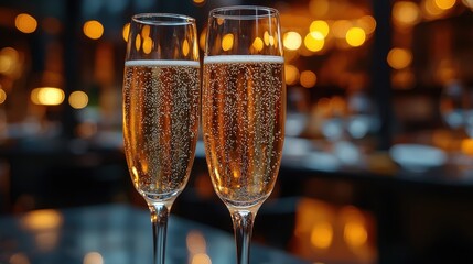 Two elegant champagne flutes filled with sparkling drink, creating a festive atmosphere in a beautifully lit restaurant during celebration