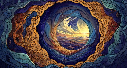 Wall Mural - A painting of a blue and orange ocean with a large hole in the middle