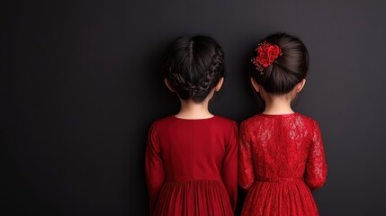 A rear view of two young girls in red dresses with intricately styled hair, adorned with floral accessories. The image emphasizes elegance and cultural attire focus.