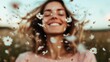 © svastix - A smiling woman enjoys the serene beauty of a meadow, with delicate daisies fluttering around her, capturing the essence of happiness and nature's purity.