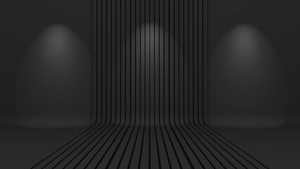 Poster - black colour background wall with light spot floor display, black backdrop with wall lighting, mockup for presentation, 3D rendering