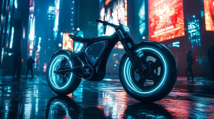 Wall Mural - Futuristic motorcycle with glowing wheels in a neon city.