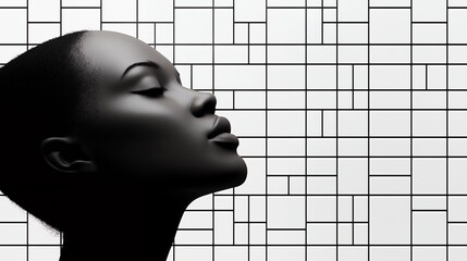 Canvas Print - Close-up of a woman's face in profile, with her eyes closed, against a white grid background.