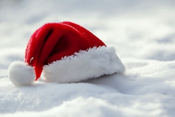 Wall Mural - Red and white Santa hat laying on snowy ground.