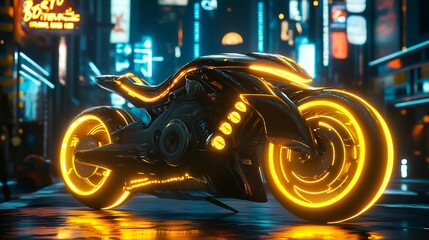 Wall Mural - Futuristic motorcycle with glowing wheels parked in a cyberpunk city at night.