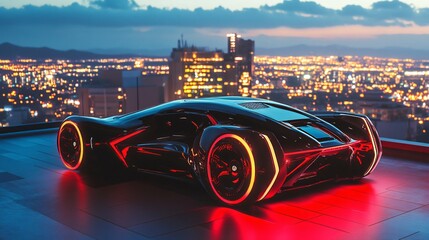 Wall Mural - Futuristic black sports car with glowing red wheels on a rooftop at night.