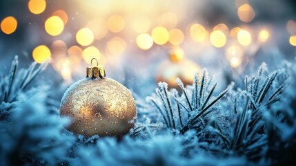 Wall Mural - Golden Christmas bauble on snowy fir branch with warm bokeh lights